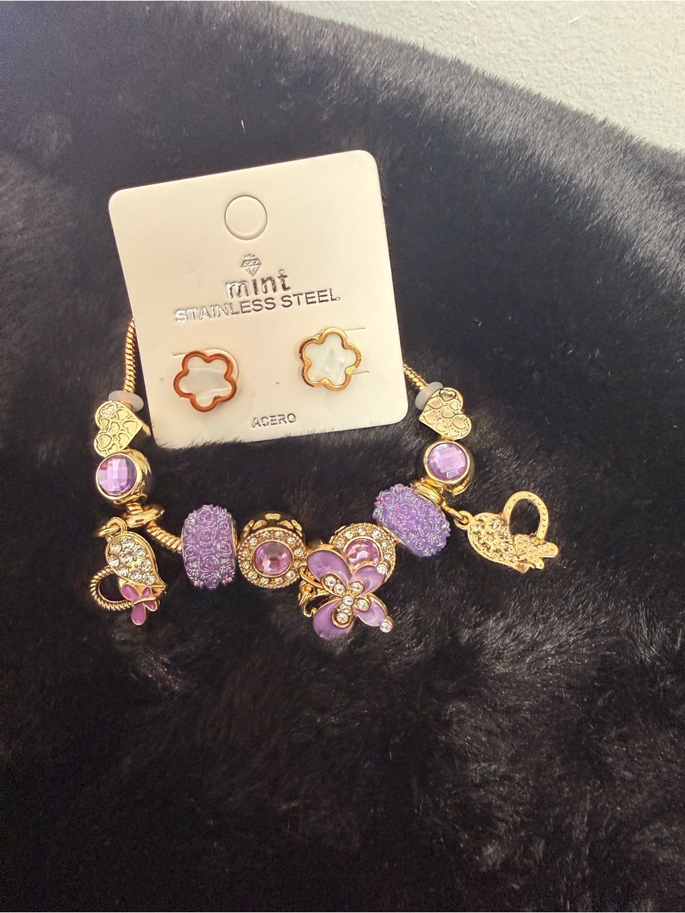 Mint Purple and Gold Flower Charm Earrings